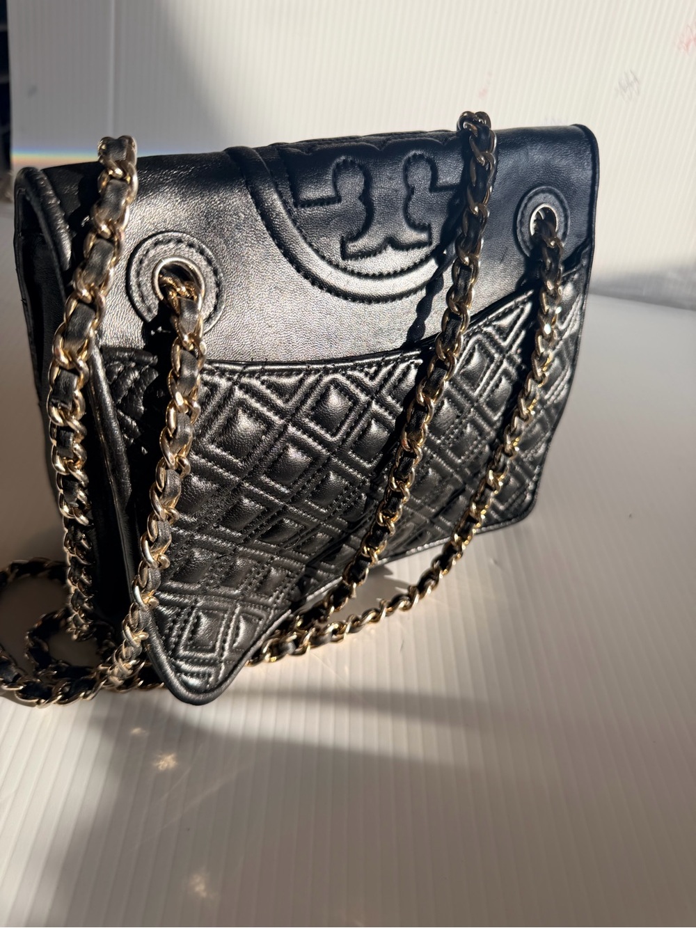 Tory Burch Quilted Black Leather Shoulder Bag with Chain Strap